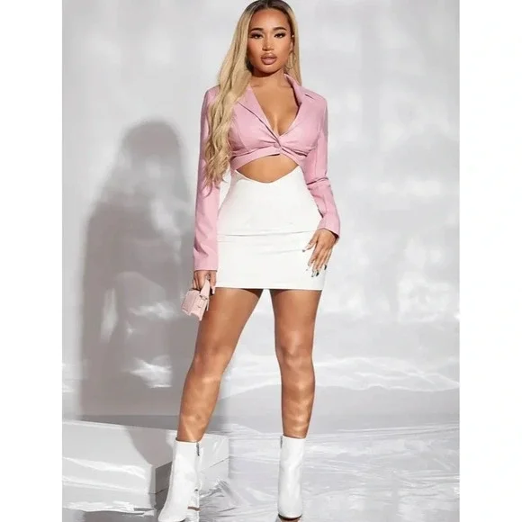 Sexy Faux Leather Baby Pink Single Button Crop Jacket - Picture 4 of 6